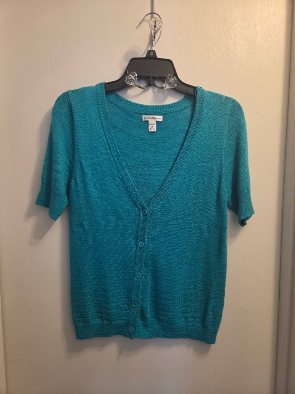 Croft & Barrow Women's Short Sleeve V-Neck Button Up Knit Sweater teal Petite Sm
